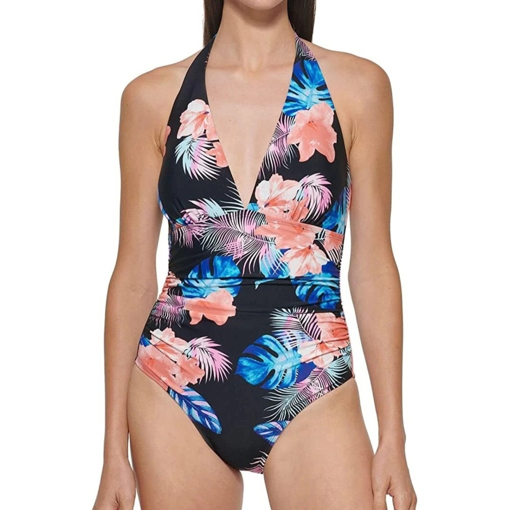 DKNY One Piece Tummy Control Halter Neckline Swimsuit Black Tropical Floral M